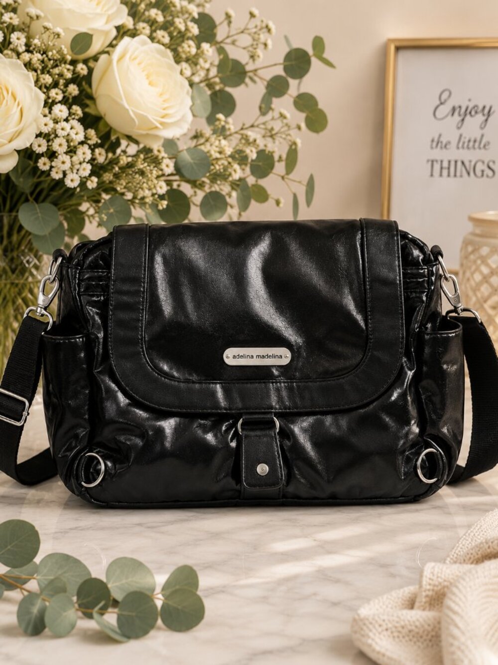 Adelina Madelina Black Messenger Diaper Bag Large Shoulder Crossbody Baby Bag